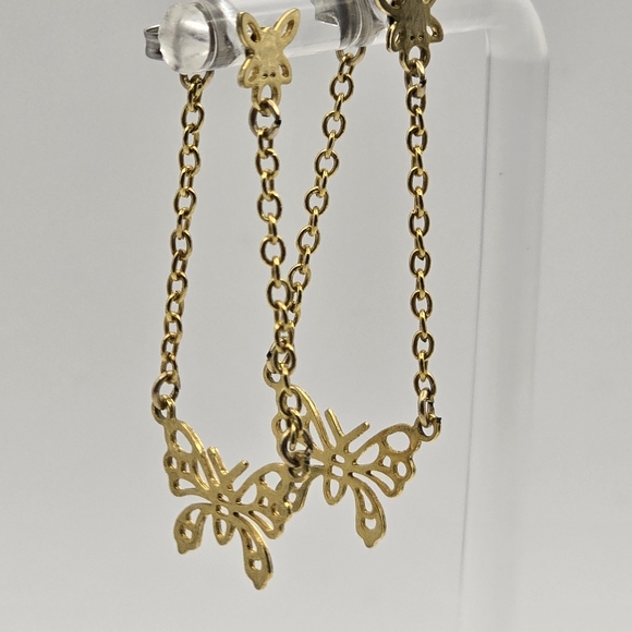 Vintage Earrings Butterfly Stud & Drop Attached Back Chain Gold Tone Unbranded - Picture 3 of 7